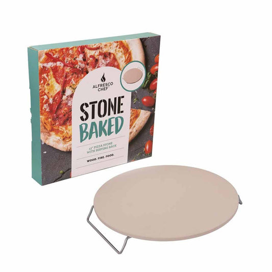 The Alfresco Chef 13” Pizza Stone for Oven comes in a boxed set featuring an image of a pizza. The circular ceramic stone sits on a metal rack, ideal for wood-fired home cooking, whether you're baking bread or creating the perfect pizza.