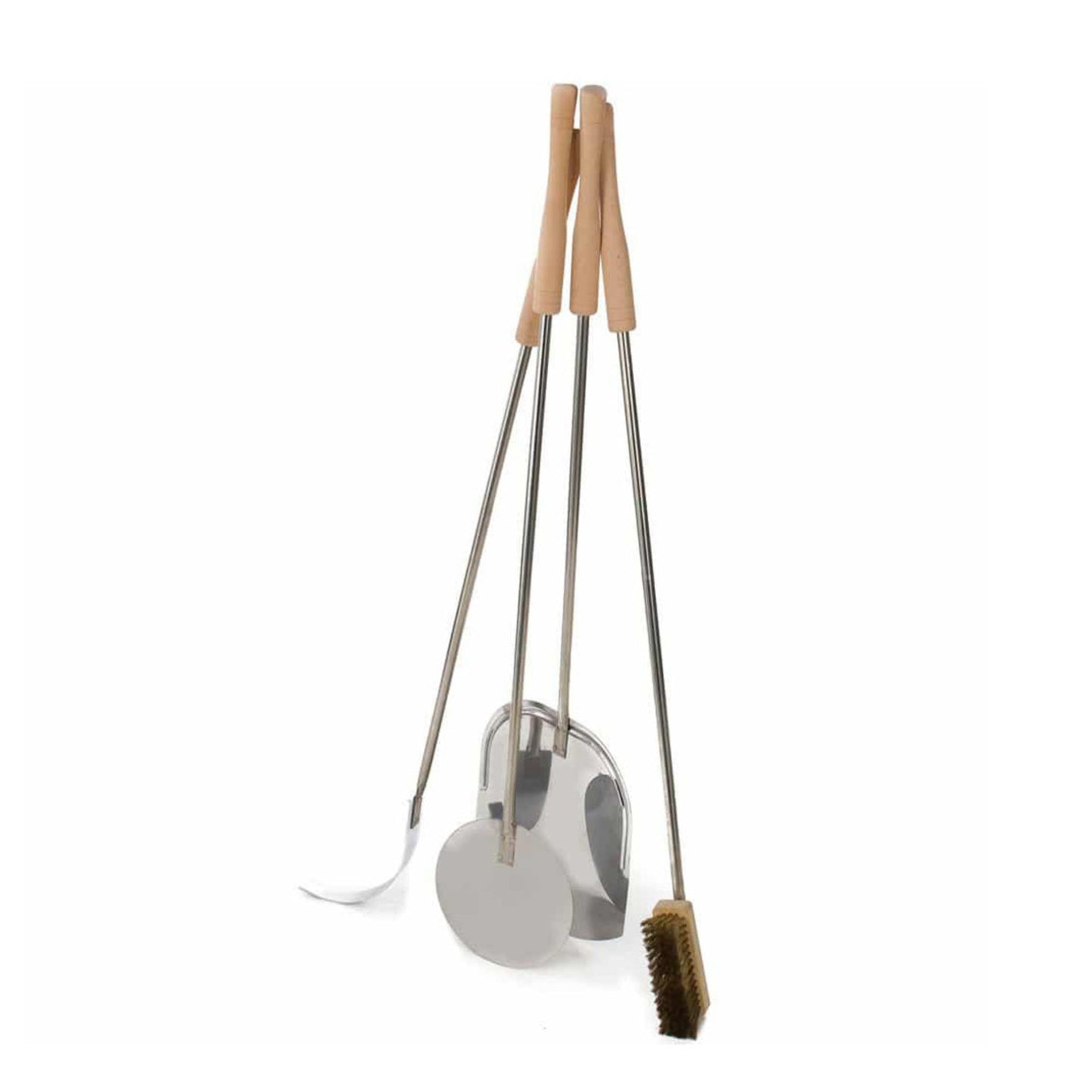 The "4-Piece 120cm Peel Set" by Alfresco Chef includes four essential wood-fired pizza oven tools: a wooden-handled brush, a metal peel, a smaller metal brush, and a lifter. Each tool features long stainless steel shafts for authentic charring and can stand upright, leaning elegantly against each other.