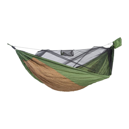 The Amazonas Adventure Hero XXL, a green and brown outdoor hammock equipped with an integrated black mosquito net, is suspended by ropes on both ends. Its lightweight and portable design makes it ideal for camping, offering a versatile solution to ensure a peaceful night's sleep in nature.