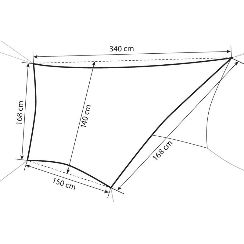 Diagram of a geometric shape resembling an Amazonas Adventure Ultra-Light Tarp with labeled dimensions: 340 cm at the top, 150 cm at the bottom, 168 cm on the right and left sides, and 140 cm in the center section. Lines and angles are depicted similarly to those on a technical Adventure Tarp map.