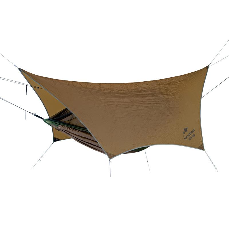 A Nylon Ripstop brown Adventure Ultra-Light Tarp by Amazonas is expertly stretched over an ultra-light hammock, providing excellent weather protection. This setup is suspended with ropes attached to the corners, exemplifying a perfect outdoor sleeping arrangement.