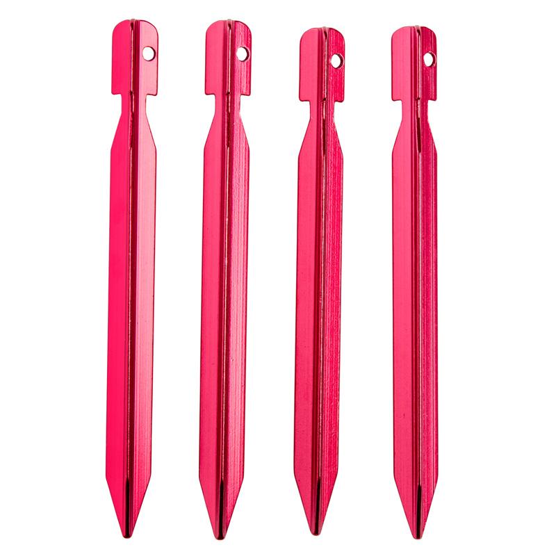 Four Amazonas Adventure Ultra-Light Tarp stakes in a vibrant red metal design are displayed vertically and evenly spaced against a white background. Each stake is crafted with a pointed end for easy ground insertion and a rounded top with a small hole, making them indispensable for securing your tarp during outdoor adventures.