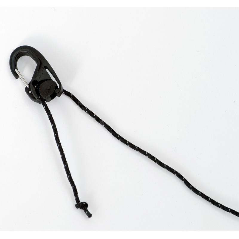 An Amazonas black carabiner, attached to a black cord reminiscent of those used with the Adventure Ultra-Light Tarp, rests with a knot at the end against a plain white background.