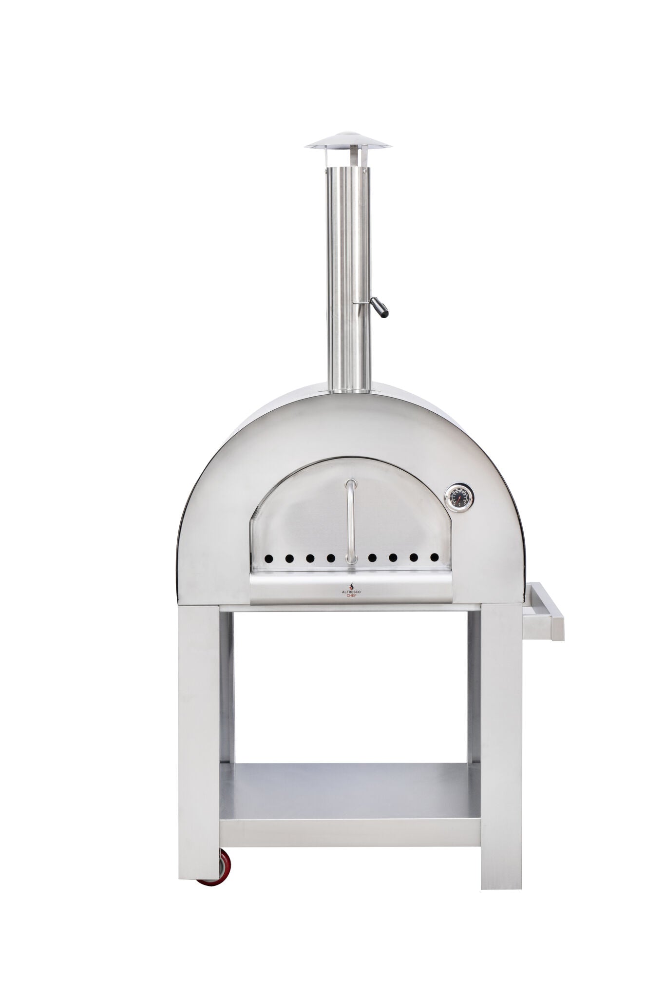 The Alfresco Chef Verona wood fired oven is a stainless steel outdoor pizza oven mounted on a wheeled stand. This wood-fired appliance includes a chimney, temperature gauge, and a convenient small side shelf.