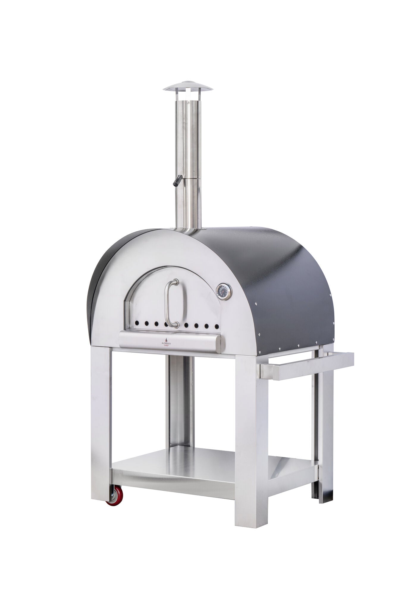 The Alfresco Chef Verona wood-fired oven is a stylish stainless steel outdoor pizza oven, featuring a chimney and a black arched roof. Equipped with a door thermometer, this oven is mounted on a metal stand with a lower shelf and comes with wheels for easy mobility.