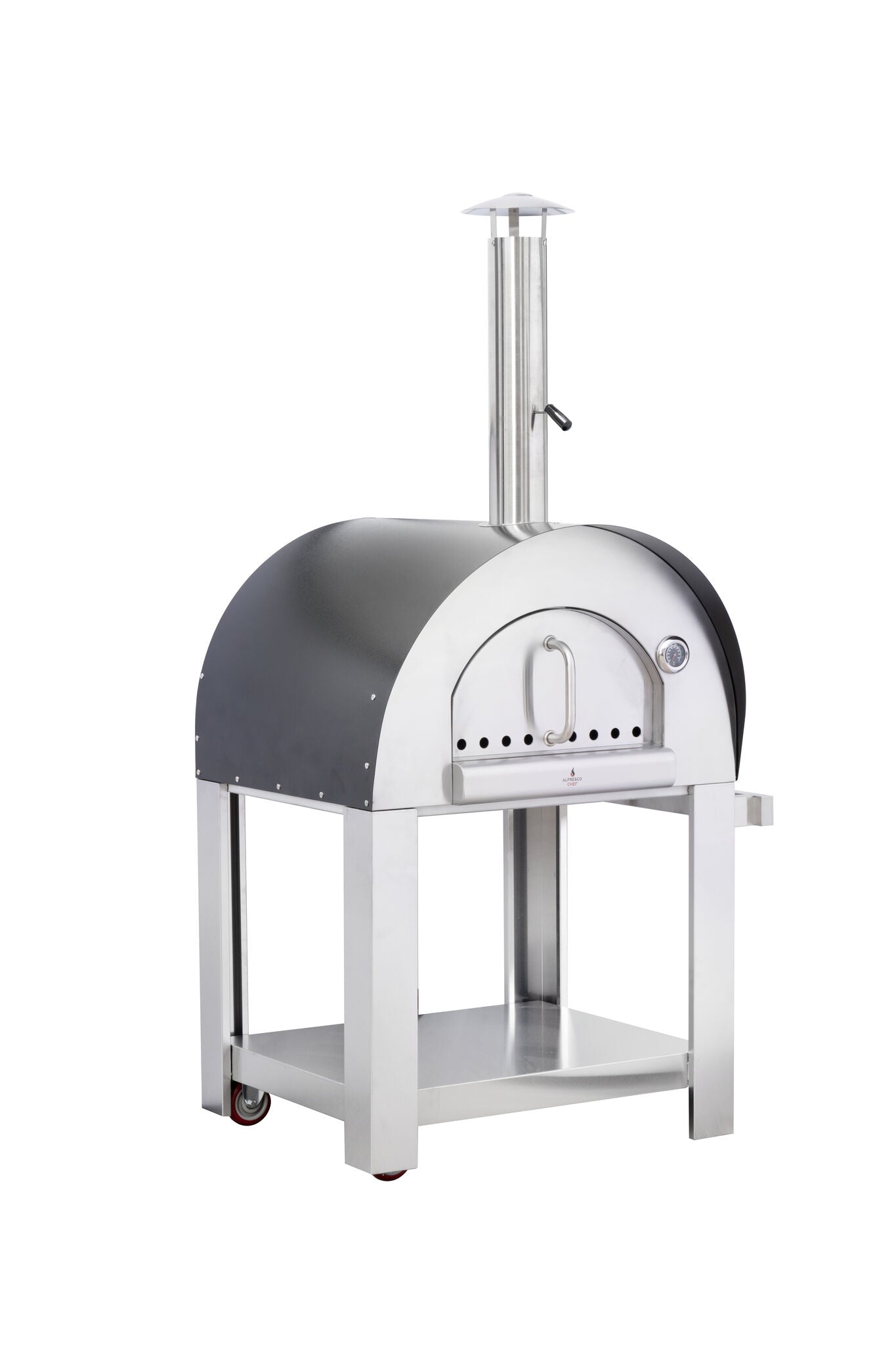 The Alfresco Chef Verona Wood Fired Oven, made by Alfresco Chef, is an outdoor pizza oven crafted from stainless steel and features a domed top and chimney. This wood-fired model boasts an arched front opening and is conveniently mounted on a wheeled stand with a lower shelf. For precise cooking, it includes a temperature gauge located on the front.