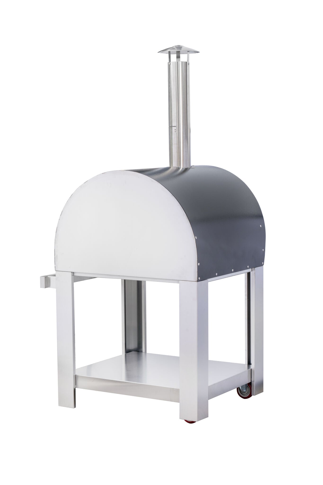 The Alfresco Chef Verona wood-fired oven, featuring a sleek rounded top and vertical chimney, brings modern elegance to any setting. Mounted on a sturdy base with wheels for easy mobility, this oven is perfect for any outdoor culinary adventure.