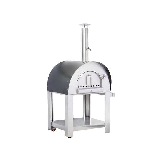 The Alfresco Chef Verona wood fired oven by Alfresco Chef is a stainless steel outdoor pizza oven featuring a domed top and chimney. It has a front door equipped with a thermometer and ventilation holes, and it is mounted on a rolling cart with metal shelves underneath, making it perfect for your wood-fired pizza creations.