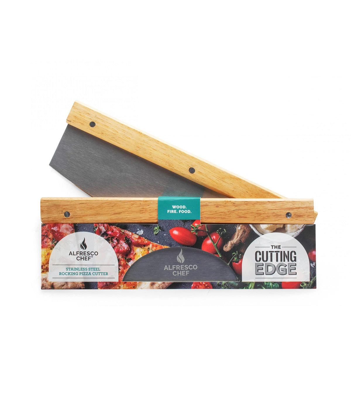 A versatile pizza cutter featuring a stainless steel rockered blade and a wooden handle is packaged for convenient use with the Alfresco Chef Ember Oven. The label, graced with the "Alfresco Chef" brand name and the phrase "The Cutting Edge," includes images of pizza and wood. This product is an essential part of the Alfresco Commis Chef Bundle, perfect for outdoor cooking enthusiasts who appreciate portable ovens.