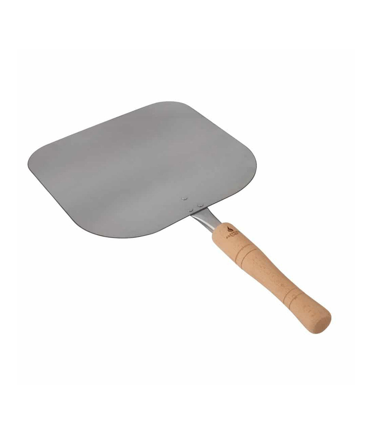 Introducing the Alfresco Chef Ember Oven with Peel: a metal pizza peel featuring a square blade and wooden handle, perfect for effortlessly transferring pizzas to and from your oven. Ideal for enthusiasts who enjoy mastering the art of cooking with wood pellet fuel in their portable outdoor ovens.