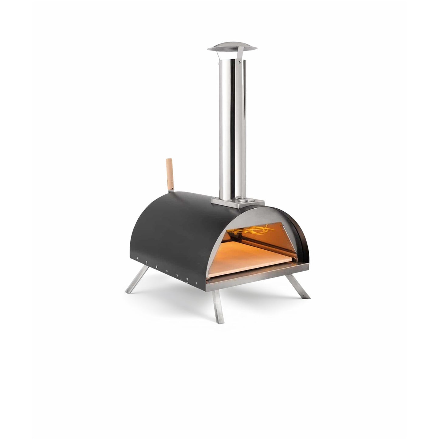 The Alfresco Chef Alfresco Ember Oven with Peel is a versatile portable outdoor pizza oven that features a sleek, black rounded chamber, a stainless steel chimney, and a wooden handle. It stands on four metal legs and utilizes wood pellet fuel to cook on its stone baking surface.