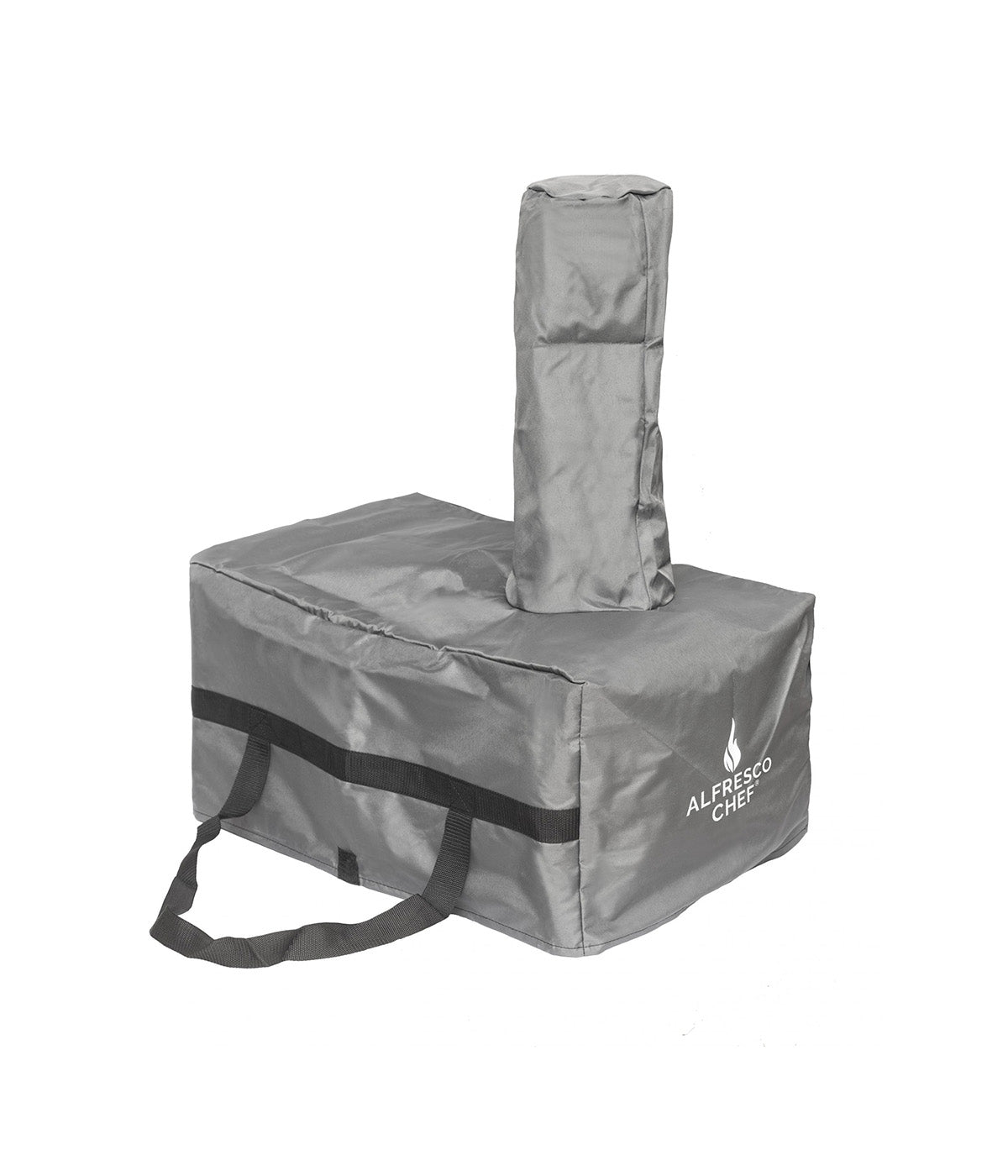 A gray protective cover, included in the Alfresco Commis Chef Bundle, is designed for the Ember Oven and features a chimney sleeve. It has a convenient carrying handle and proudly displays the Alfresco Chef logo on its side, making it ideal for portable ovens that use wood pellets.