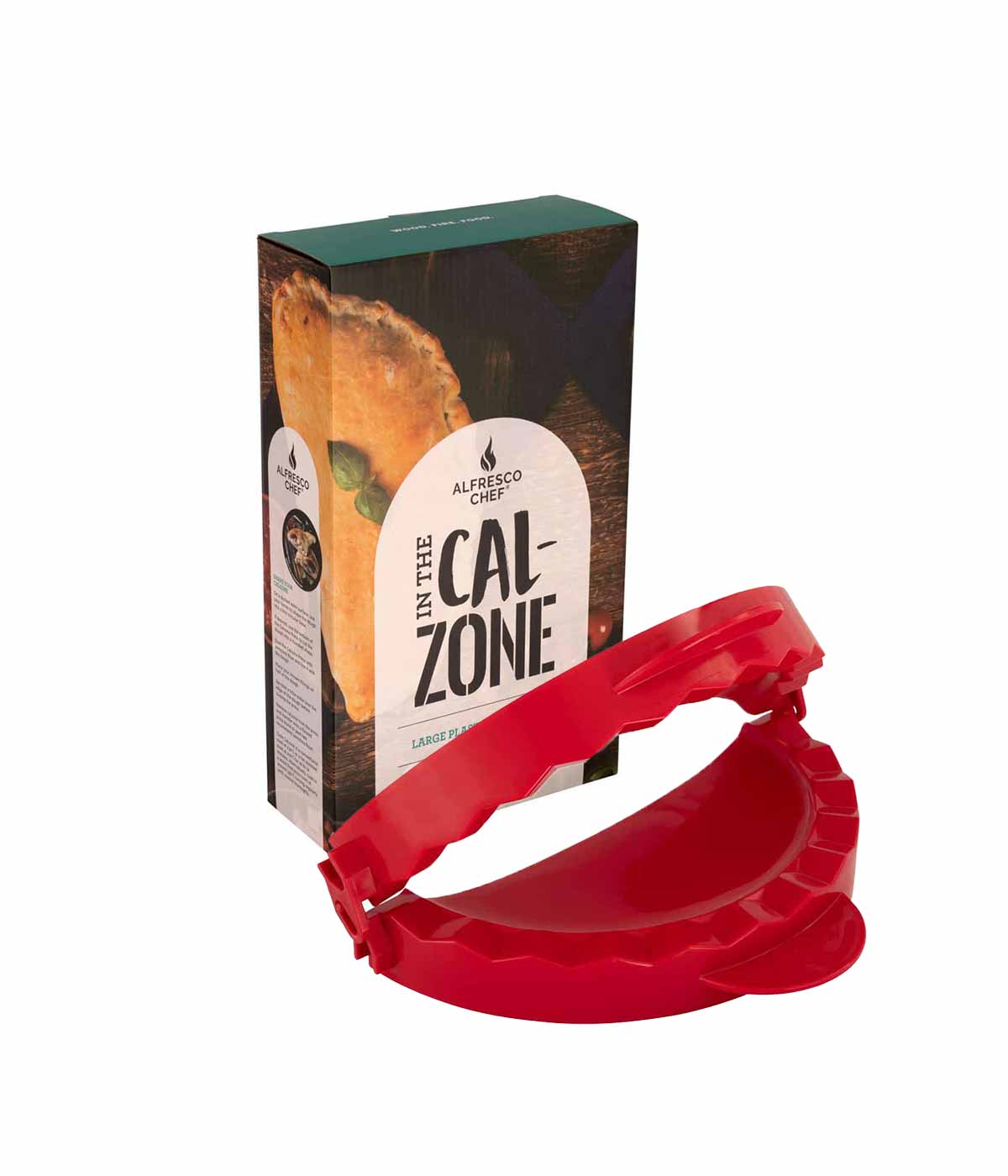 A red calzone press sits in front of a cardboard box showcasing the Alfresco Chef logo along with an image of a calzone. The box amusingly displays the phrase "In the Cal-Zone," suggesting that culinary adventures are made easy with the Alfresco Commis Chef Bundle, perfect for any cooking enthusiast. The background is plain white.