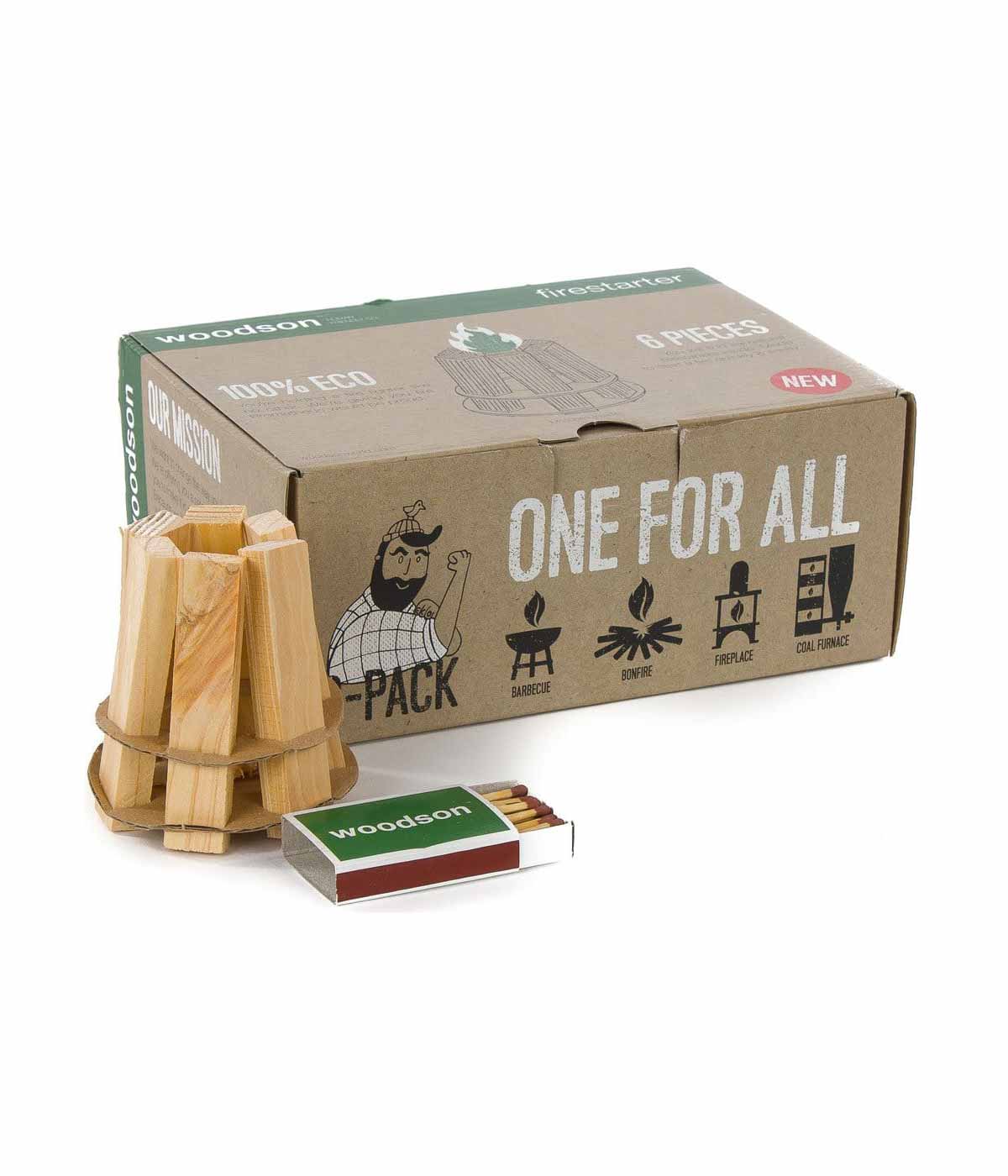 The Alfresco Commis Chef Bundle, from the Alfresco Chef brand, comes in a boxed pack with illustrations showing various uses. This setup is perfectly suited for your ember oven and includes a small stack of wooden fire starters and a matchbox, highlighting its eco-friendly and versatile functionality with wood pellets.