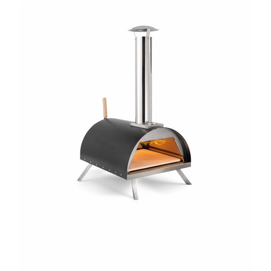 The Alfresco Chef Alfresco Ember Oven with Peel is a versatile portable outdoor pizza oven that features a sleek, black rounded chamber, a stainless steel chimney, and a wooden handle. It stands on four metal legs and utilizes wood pellet fuel to cook on its stone baking surface.