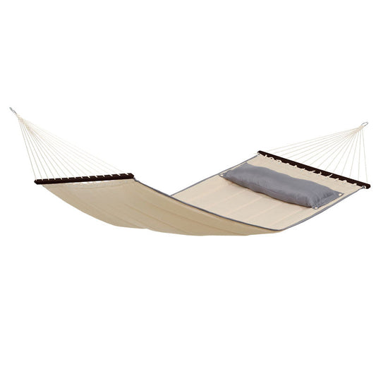 Introducing the American Dream Sand Hammock by Amazonas, a beige hammock with a detachable cushion made from recycled yarn, featuring metal rings and ropes for outdoor relaxation.