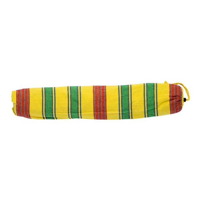 A cylindrical yoga mat bag with a drawstring, showcasing a vibrant pattern of vertical stripes in yellow, red, and green, reminiscent of the colorful hues found on an Amazonas Aruba Vanilla Hammock.