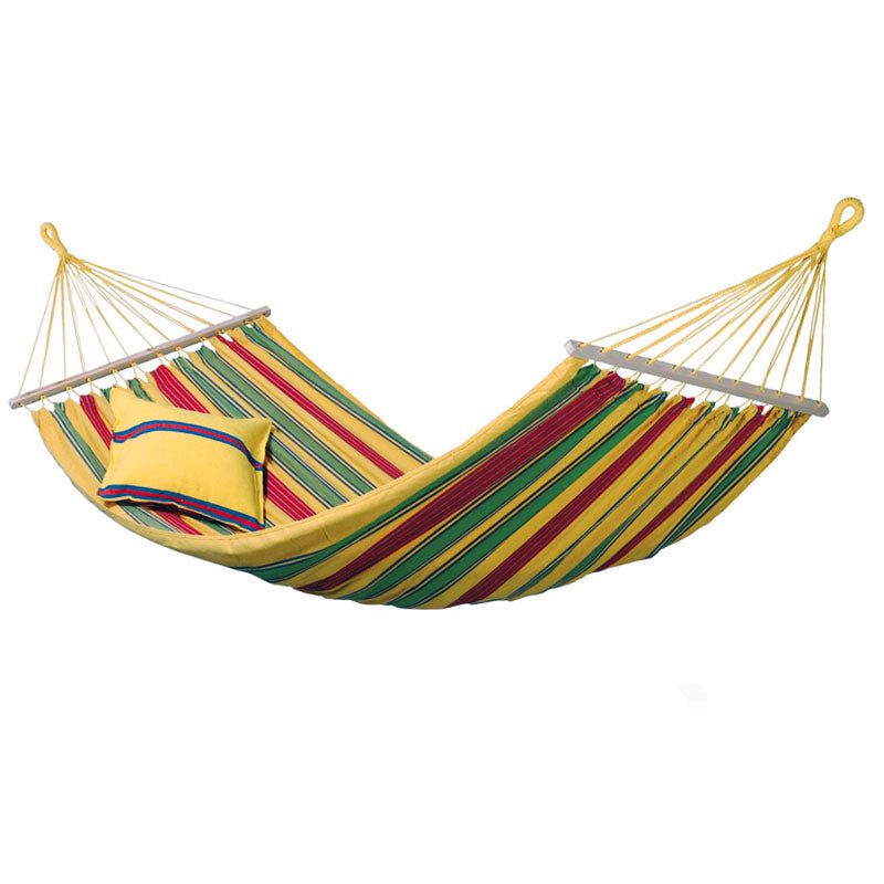 The Amazonas Aruba Vanilla Hammock features a lively striped design with bright patterns in yellow, red, green, and blue. Accompanied by a matching pillow and suspended by durable weatherproof yellow ropes, it serves as an ideal garden furniture piece that is both relaxing and welcoming.