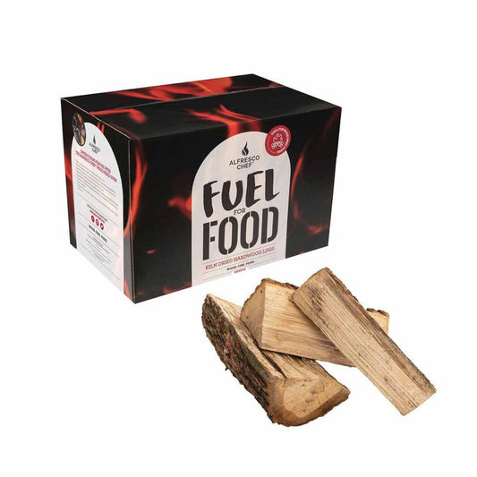 A box labeled with the Alfresco Chef logo stands upright, featuring a fiery design on its sides. In front of it, several mixed-sized Ash Kiln Dried Hardwood logs are stacked together, ideal for achieving optimal burning efficiency in wood-fired ovens against a white background.