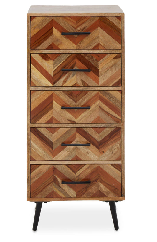 The Bala Five Drawer Chest by Decor Trading is a tall wooden dresser crafted from mango wood, featuring five storage drawers adorned with a herringbone pattern in various shades of brown. It boasts black metal handles and stands on four sturdy black legs, embodying a modern and industrial design aesthetic.