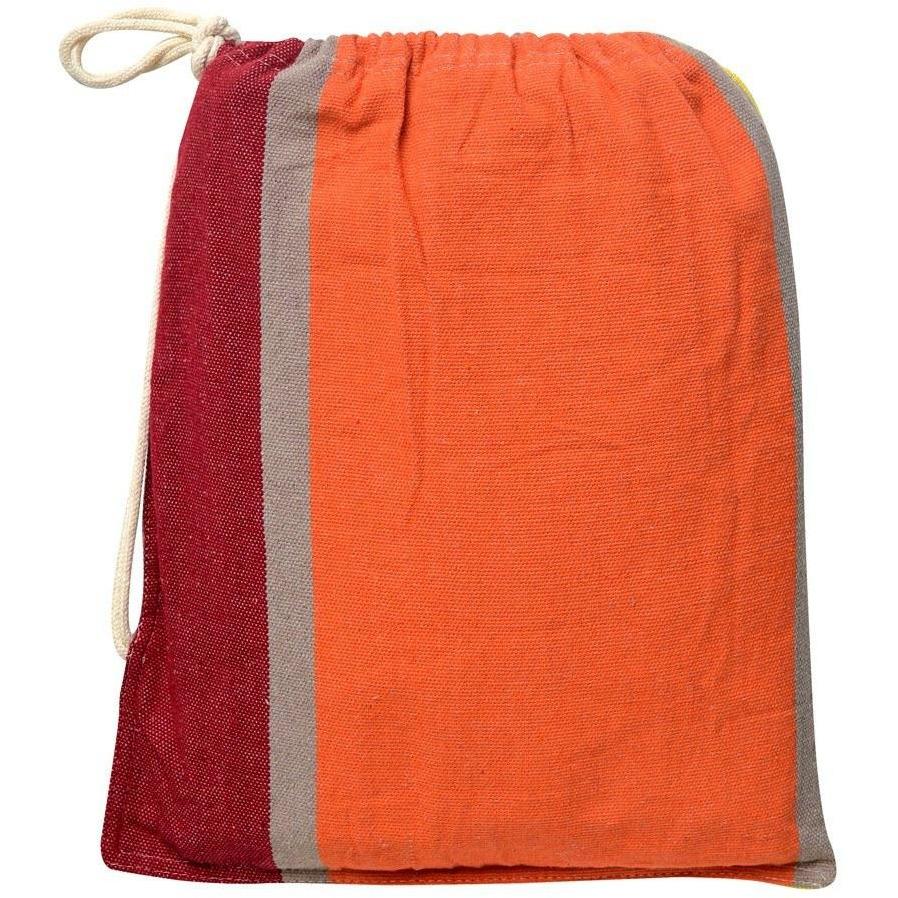 Introducing the Amazonas Barbados Acerola Hammock, constructed from high-quality Brazilian cotton and showcasing elegant vertical stripes in orange, red, and gray. Its textured fabric and sturdy rope-like drawstring closure evoke the charm of a classic hammock design.