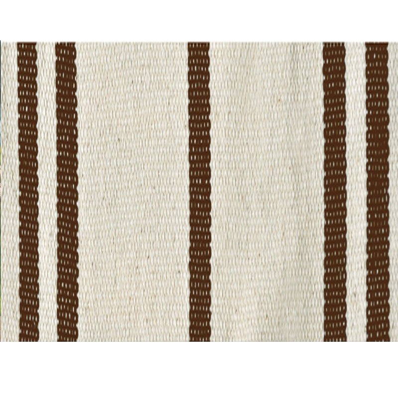 A close-up of the Amazonas Barbados Cappuccino Hammock fabric showcases its pattern of vertical brown stripes against a white or cream backdrop. The texture highlights the woven Brazilian cotton, which enhances both the durability and softness of this spacious hammock.