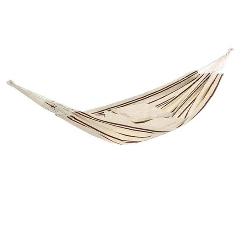 The Barbados Cappuccino Hammock by Amazonas, made from Brazilian cotton, showcases cream-colored fabric accentuated with brown and tan stripes. Set against a plain white backdrop, it presents a soft and gently stretched appearance, exuding a cozy and inviting aura.