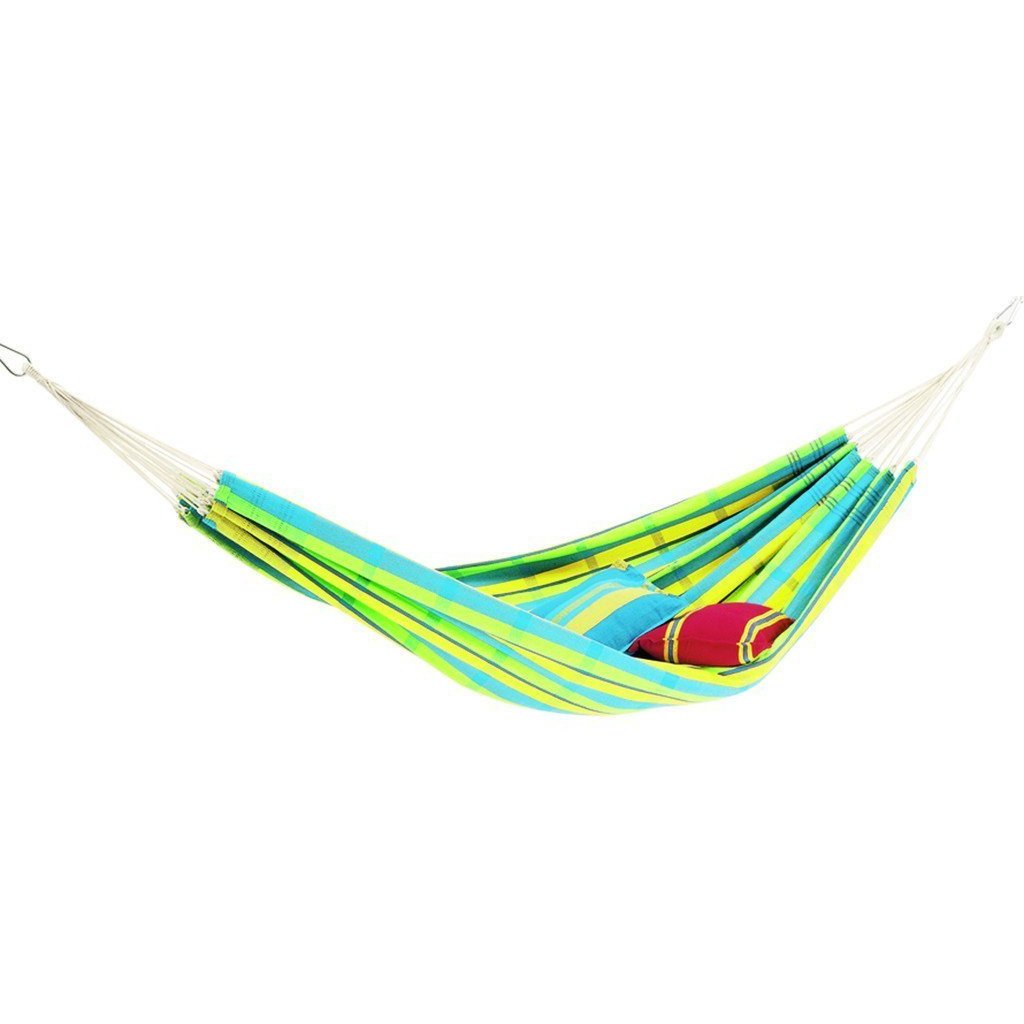 A vibrant Barbados Lemon Hammock by Amazonas, showcasing stripes of blue, green, and yellow, hangs elegantly against a white backdrop with a small red pillow snugly placed inside.