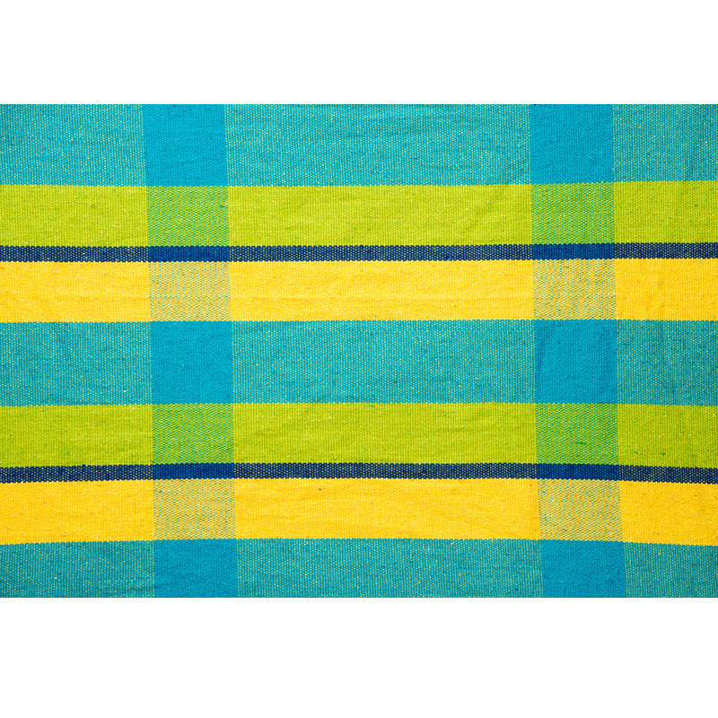 The textile pattern, expertly crafted from Brazilian cotton by Amazonas, showcases a plaid design with vivid yellow, blue, and green stripes creating a checkered layout. The fabric's textured look presents lively and joyful colors that evoke the essence of a sunny Barbados Lemon Hammock.