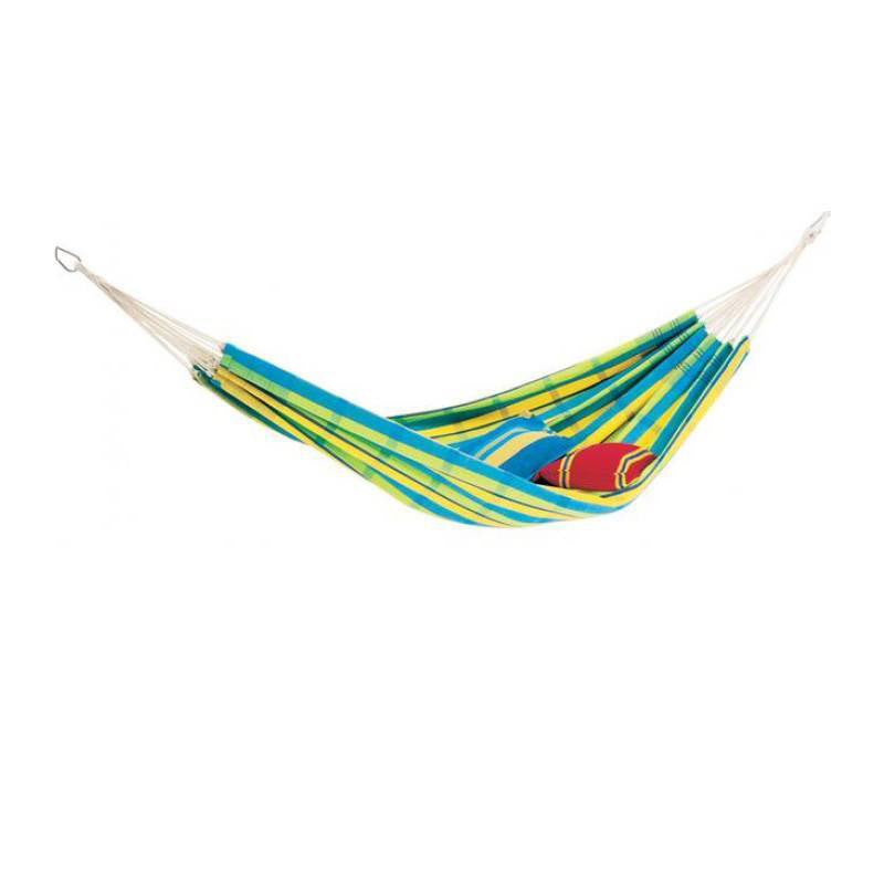 The Amazonas Barbados Lemon Hammock, crafted from Brazilian cotton, showcases vibrant blue, yellow, and green stripes supported by white ropes. A red cushion provides a striking contrast to its lively design, adding both comfort and style to your space.