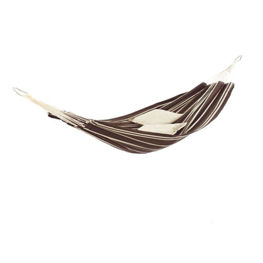 The Barbados Mocca Hammock by Amazonas, made from Brazilian cotton, features a stylish brown and white striped design that hangs beautifully against a white backdrop.