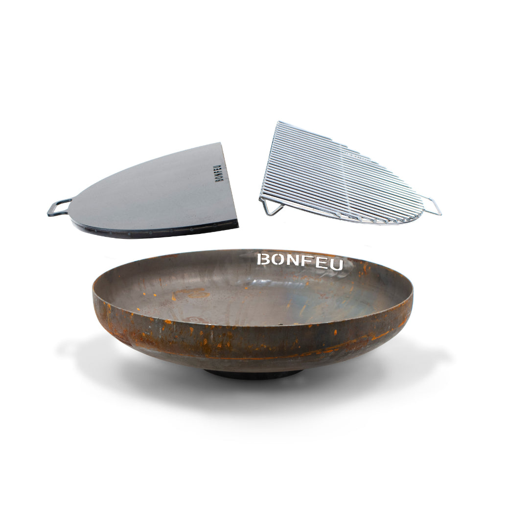 BonFeu BonBowl Plus-Fire Bowl-Bonfeu-BonBowl Plus The BonBowl Plus is a fire bowl from BonFeu. Equipped with handy legs and handles, the fire bowl is easy to move and put away on any surface. Available in 3 diameters, you have plenty of choice for the perfect fire bowl that matches your garden. Because of its timeless design, the BonBowl fits perfectly in both the modern and classic garden. With the decorative cut-out logo, the fire bowl distinguishes itself from all other fire bowls. The raised rim prevent