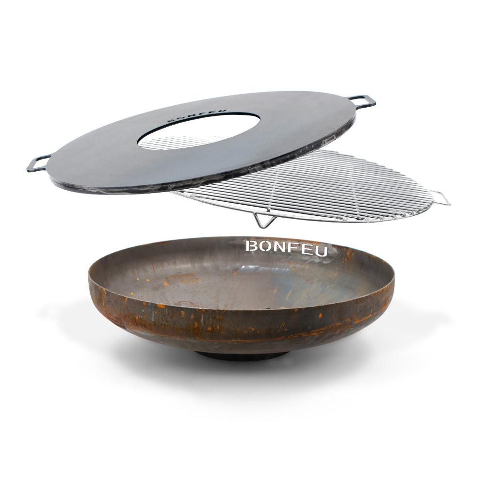 BonFeu BonBowl Plus-Fire Bowl-Bonfeu-BonBowl Plus The BonBowl Plus is a fire bowl from BonFeu. Equipped with handy legs and handles, the fire bowl is easy to move and put away on any surface. Available in 3 diameters, you have plenty of choice for the perfect fire bowl that matches your garden. Because of its timeless design, the BonBowl fits perfectly in both the modern and classic garden. With the decorative cut-out logo, the fire bowl distinguishes itself from all other fire bowls. The raised rim prevent