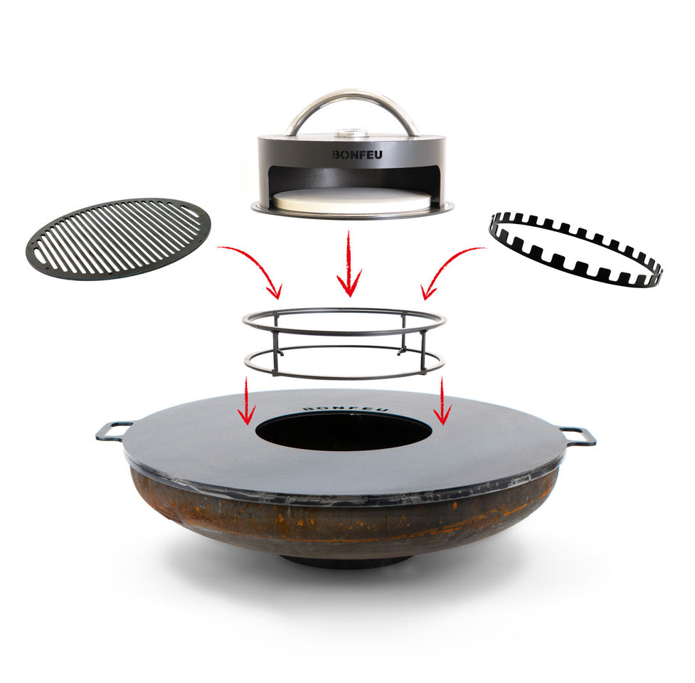 Diagram depicting the assembly of a Bonfeu round outdoor grill. Key features consist of a robust steel base with an expansive metal plate, a centrally elevated stand, and interchangeable components such as the grill grate and BonFeu Skewers Ring lid, all linked by red arrows indicating their positions.