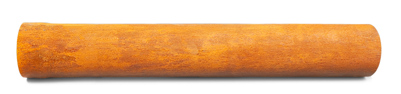 Displayed horizontally against a white background is a long, cylindrical BonFeu Stove pipe made of rusted metal.