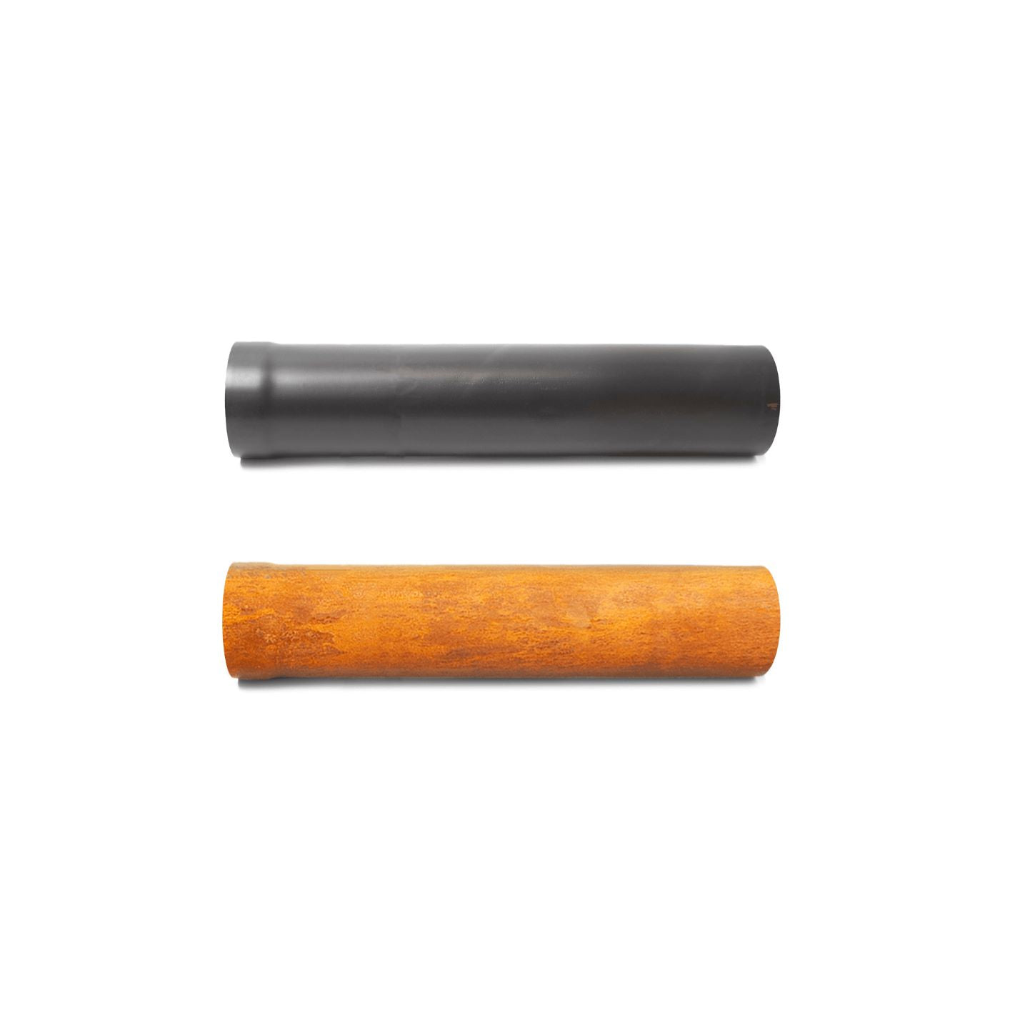 Two cylindrical BonFeu Stove pipes are positioned horizontally on a white background. The top pipe is smooth and black, resembling a sleek stove pipe made of plastic or treated metal, while the bottom one is rusty and brown, indicating corrosion typical in an aging BonFeu fireplace accessory.