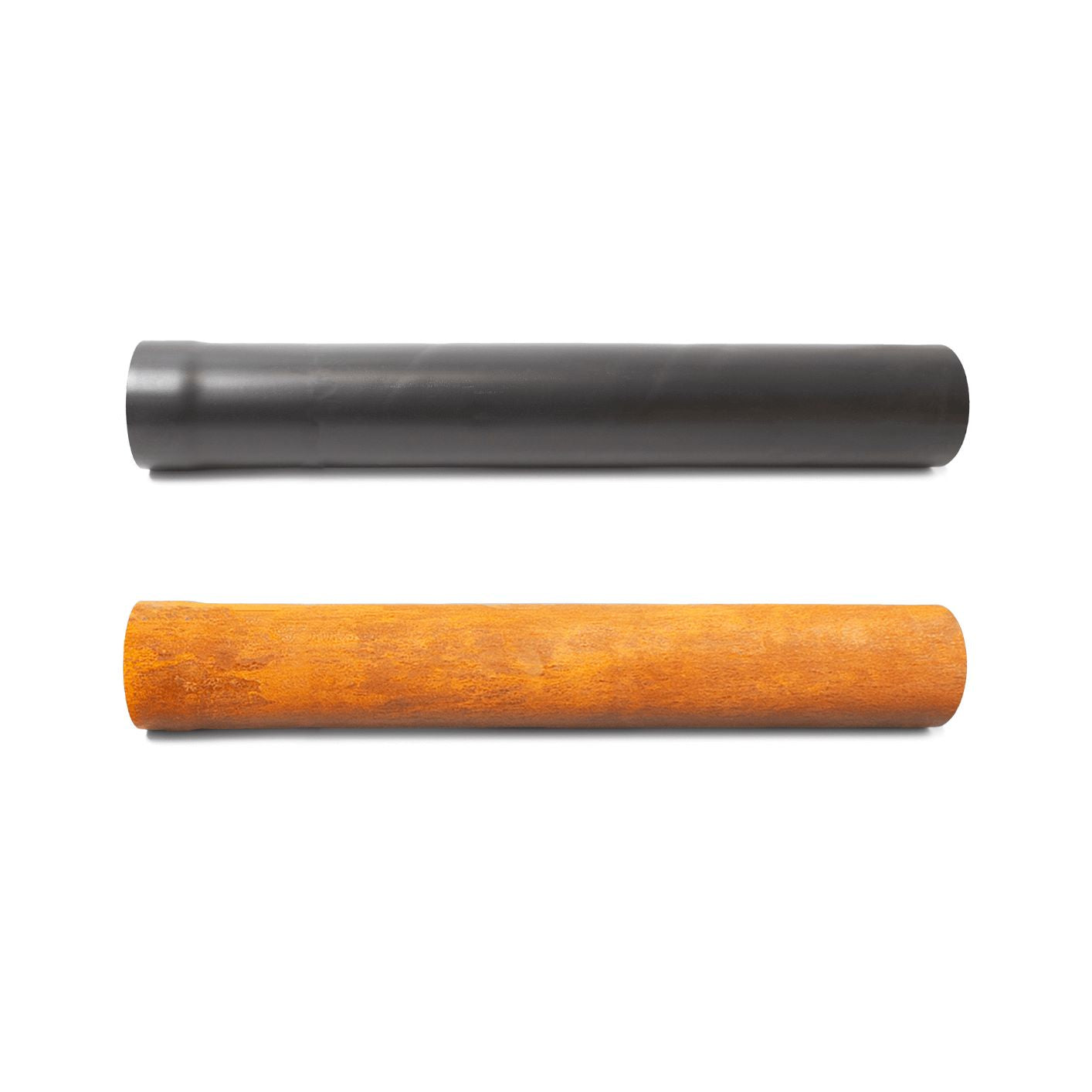 A side-by-side comparison of two cylindrical steel pipes: the top one with a smooth black finish and the bottom one with a rough, rusted surface. Similar to a well-maintained Bonfeu Stove Pipe by Bonfeu, they illustrate the difference between protected and corroded metal.