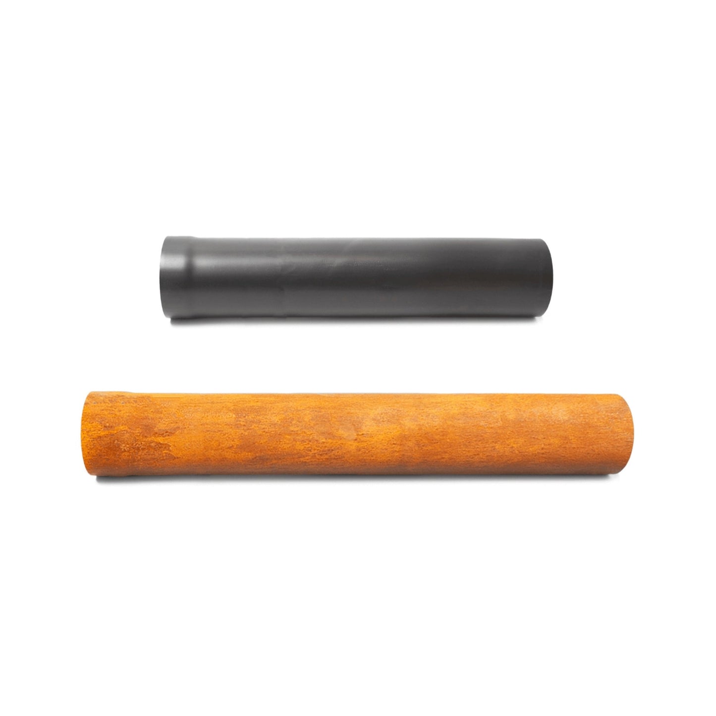 On a white background, two cylindrical pipes are displayed side by side. The upper pipe is black and smooth, closely resembling the BonFeu Stove pipe from Bonfeu, while the lower pipe has a rusty appearance with a rough texture.