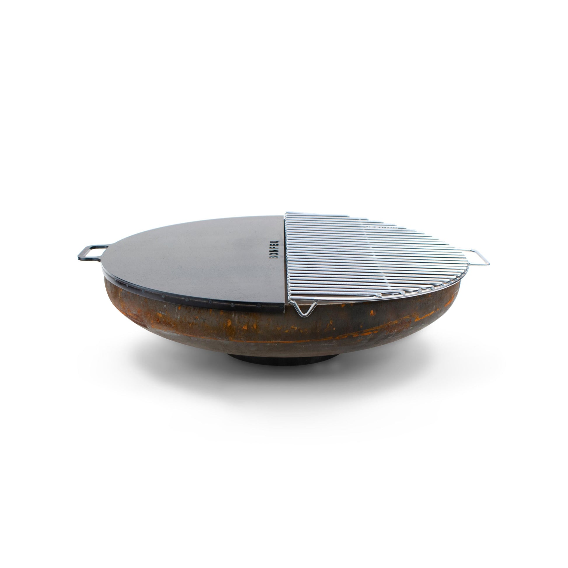 Bonfeu BonPlancha Half Circle.-Bonfeu accessories-Bonfeu-The BonPlancha half circle is made to create a unique barbecue experience. It’s available in four sizes (Ø 60cm, Ø 80cm, Ø100cm, Ø 120cm) and is made into a half circle. The BonPlancha is made out of steel and executed with a handle for easy and optimal use. As this is only half a plancha circle, the other side of the fire bowl can still be used for something else. For example, you could put the BonGrill half circle on the other side or put nothing on