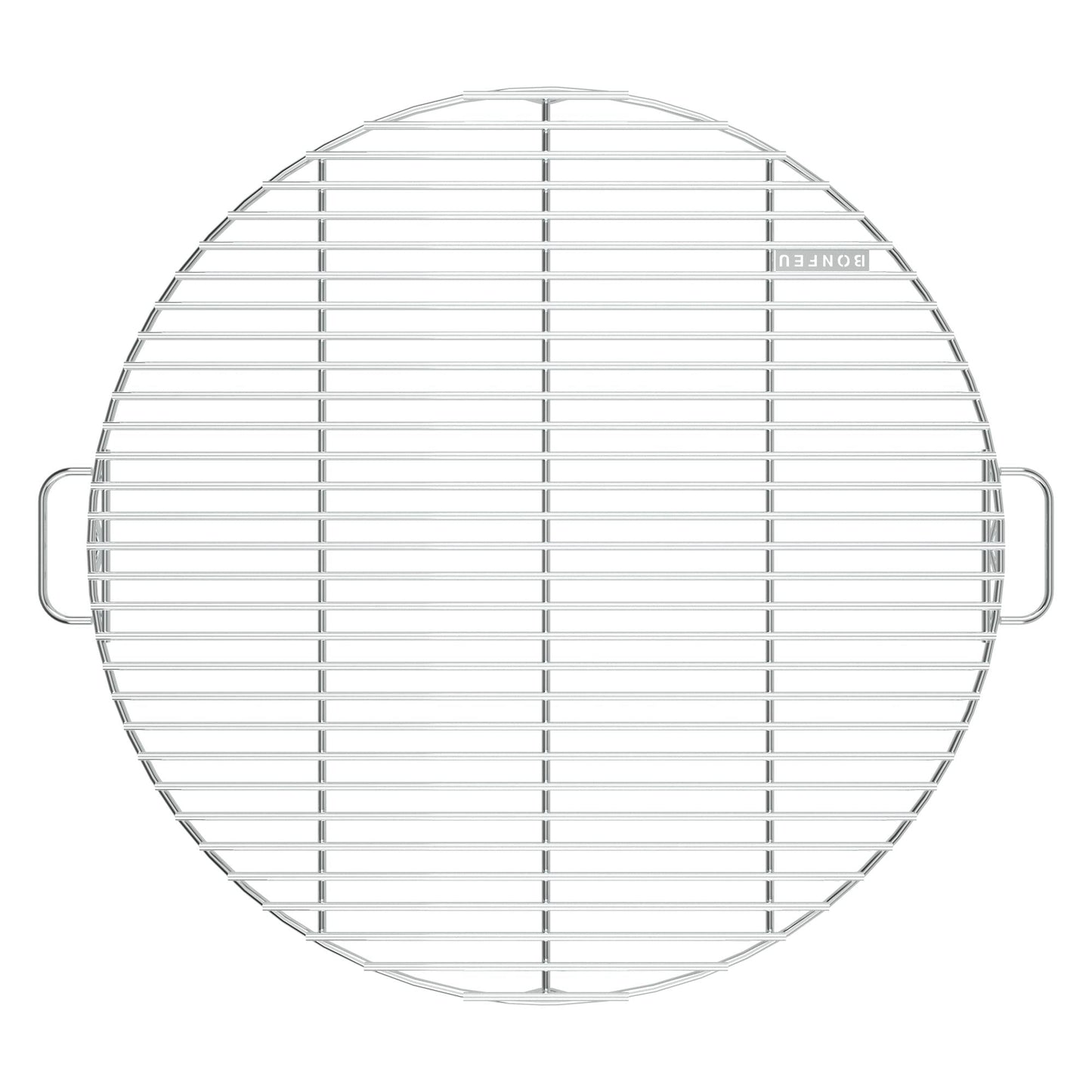 The Bonfeu Bongrill Full Circle cooling rack boasts a round, barbecue-ready design made from durable steel, featuring evenly spaced parallel wires and two convenient side handles.