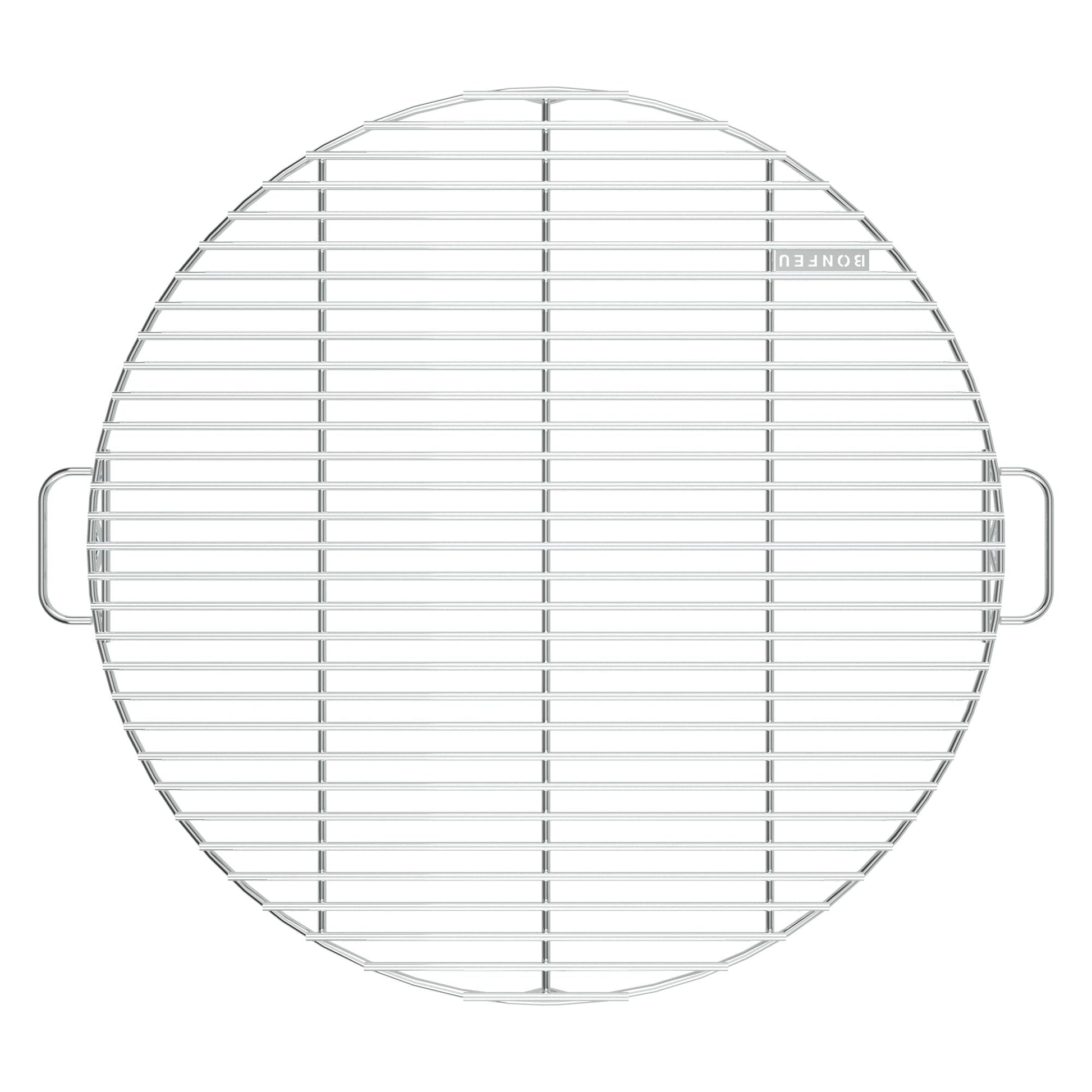 The Bonfeu Bongrill Full Circle cooling rack boasts a round, barbecue-ready design made from durable steel, featuring evenly spaced parallel wires and two convenient side handles.