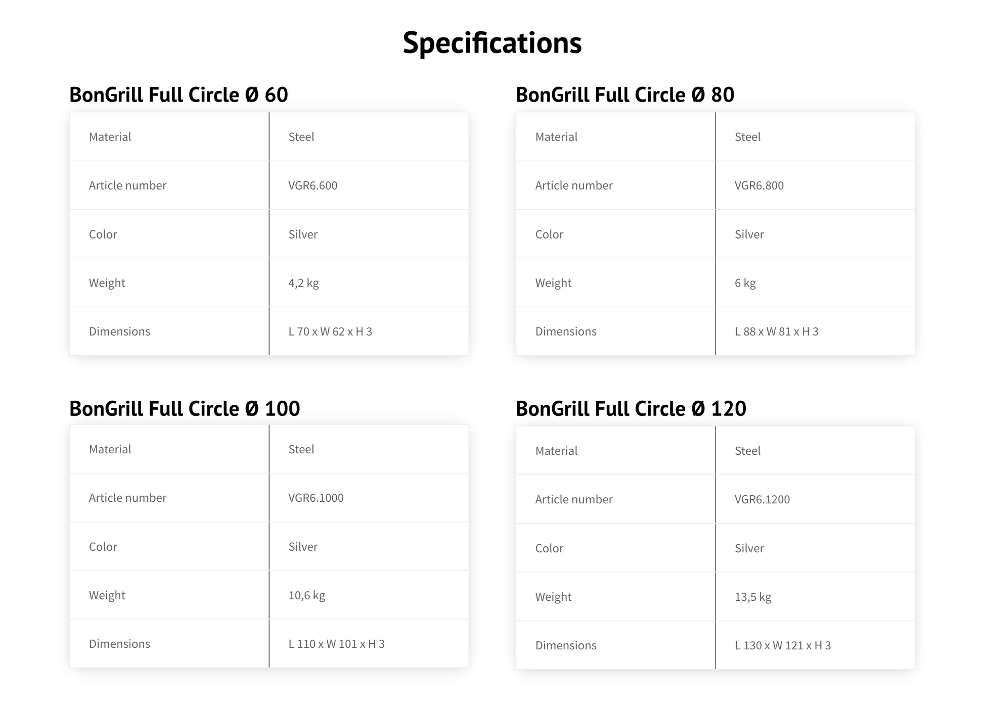 Here's a specifications chart for four Bonfeu BonGrill Full Circle barbecue models, showcasing varying diameters of 60, 80, 100, and 120. Each model details its steel construction, article number, silver finish, weight, and dimensions. Perfect for a robust outdoor cooking experience.