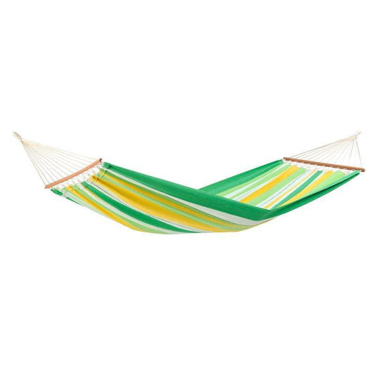 Introducing the Amazonas Brasilia Apple Hammock, crafted from luxurious Brazilian cotton and featuring an eye-catching combination of green, yellow, and blue hues. It includes robust wooden spreader bars to ensure it hangs smoothly between two fixed points, offering both comfort and colorful charm.