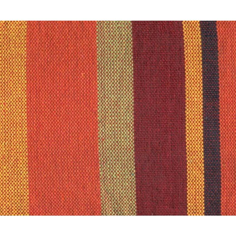 A close-up of the woven fabric on an Amazonas Brasilia Tropical Hammock showcases vertical stripes in warm hues such as orange, red, yellow, and brown. The texture reveals a detailed pattern of interlaced threads that enhances both comfort and style.