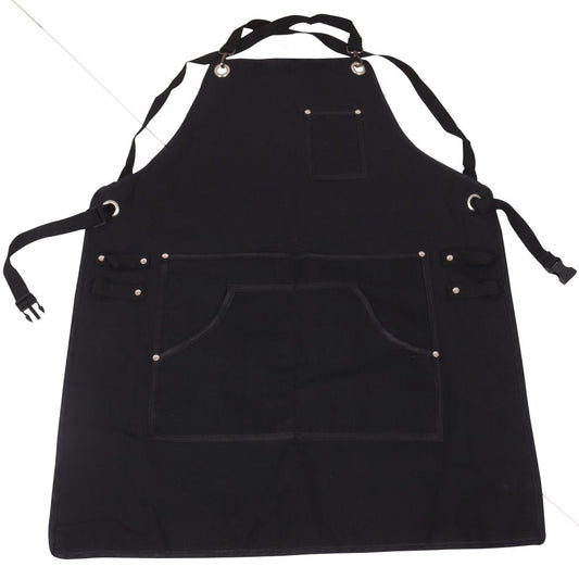 Introducing the Casa Mia Apron, a stylish black apron from Casa Mia, expertly crafted from durable cotton. It includes adjustable neck and waist straps for a perfect fit. Designed with practicality in mind, it features a spacious front pocket and a smaller chest pocket, complemented by metal rivet details for an added touch of style.