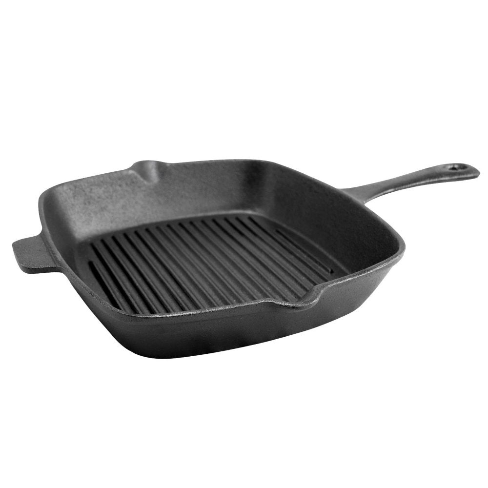 The Casa Mia Cast Iron Skillet, a durable black square pan, includes ridges on the cooking surface, a handle on one side, and a small spout along the edge. Expertly designed for heat retention, this skillet is displayed against a white background.