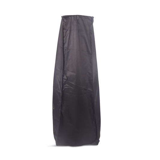 A tall garment bag in black stands upright against a white background. Made from durable 600 Denier Polyester, it resembles the sturdy construction of Casa Mia chiminea covers. The bag appears mostly smooth with slight creases and features a prominent zipper on one side.