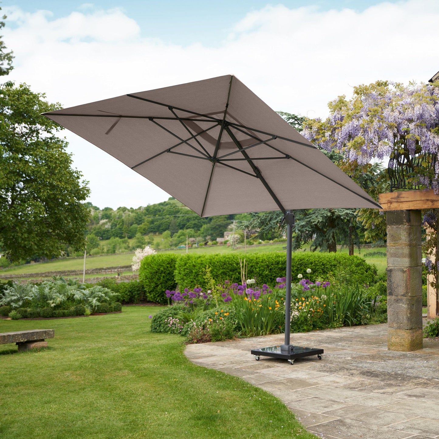 Challenger T2 3m Square Taupe Free Arm Parasol. Outdoor living-Parasol-Pacific lifestyle-The Challenger T2 is a free-arm parasol that offers a stylish and deluxe design, engineered with comfort in mind. Our T2 Parasols offer a double tilt system ensuring the full movement of the parasol without any movement of the base. You can tilt the parasol from side to side or backward and forwards, and it can be held easily at any angle by simply locking it into place with a handy lever. The parasol can be moved aroun