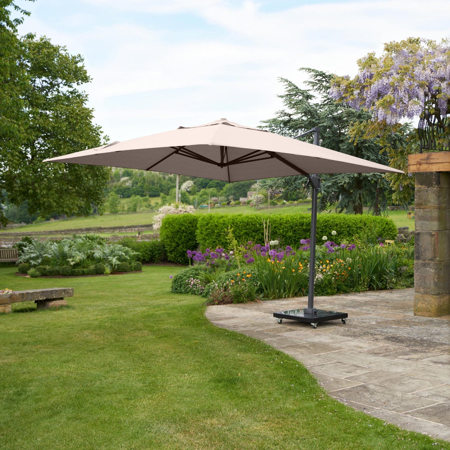 Challenger T2 3m Square Taupe Free Arm Parasol. Outdoor living-Parasol-Pacific lifestyle-The Challenger T2 is a free-arm parasol that offers a stylish and deluxe design, engineered with comfort in mind. Our T2 Parasols offer a double tilt system ensuring the full movement of the parasol without any movement of the base. You can tilt the parasol from side to side or backward and forwards, and it can be held easily at any angle by simply locking it into place with a handy lever. The parasol can be moved aroun