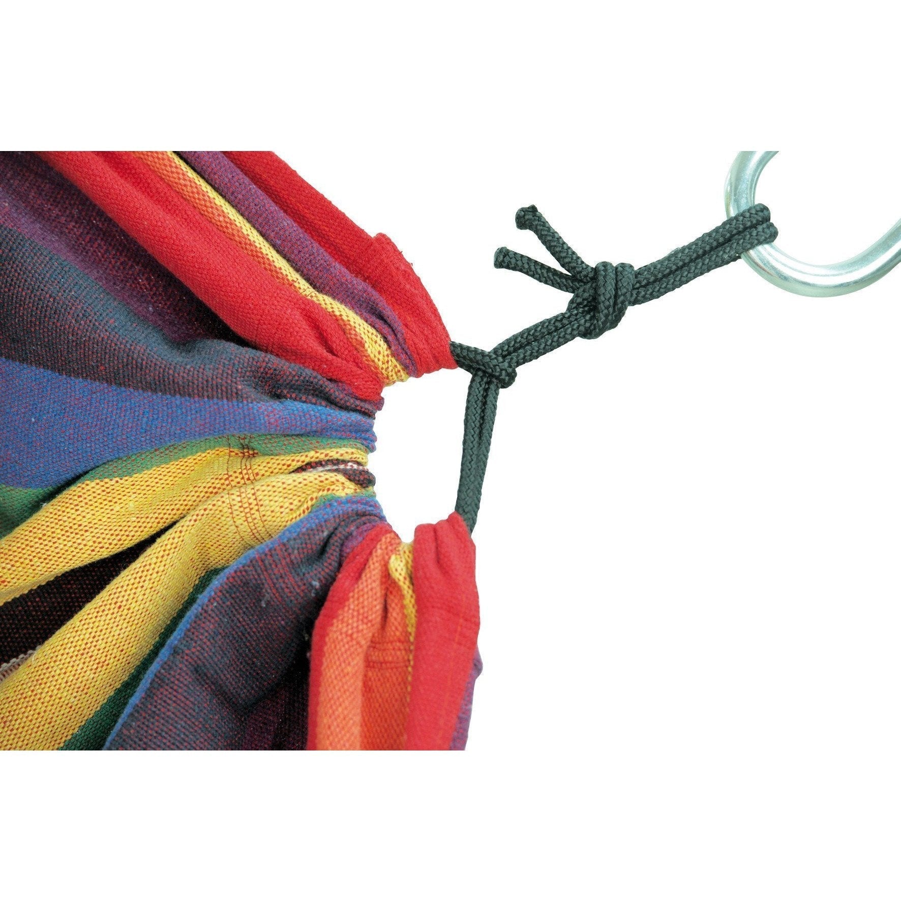 A close-up showcases the Chico Rainbow Hammock by Amazonas, specifically designed for children. The fabric is vibrantly striped in red, yellow, blue, and green and is tied to a green rope loop. The rope loop, secured with a knot and featuring a metal ring attachment, ensures durability and weatherproof qualities suited for young children's play.